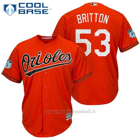 Maglia Baseball Uomo Baltimore Orioles 53 Zach Britton Arancione 2017 Allenamento Primaverile Cool Base Giocatore